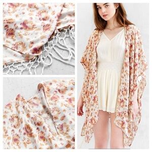 UO Floral Kimono with Fringe